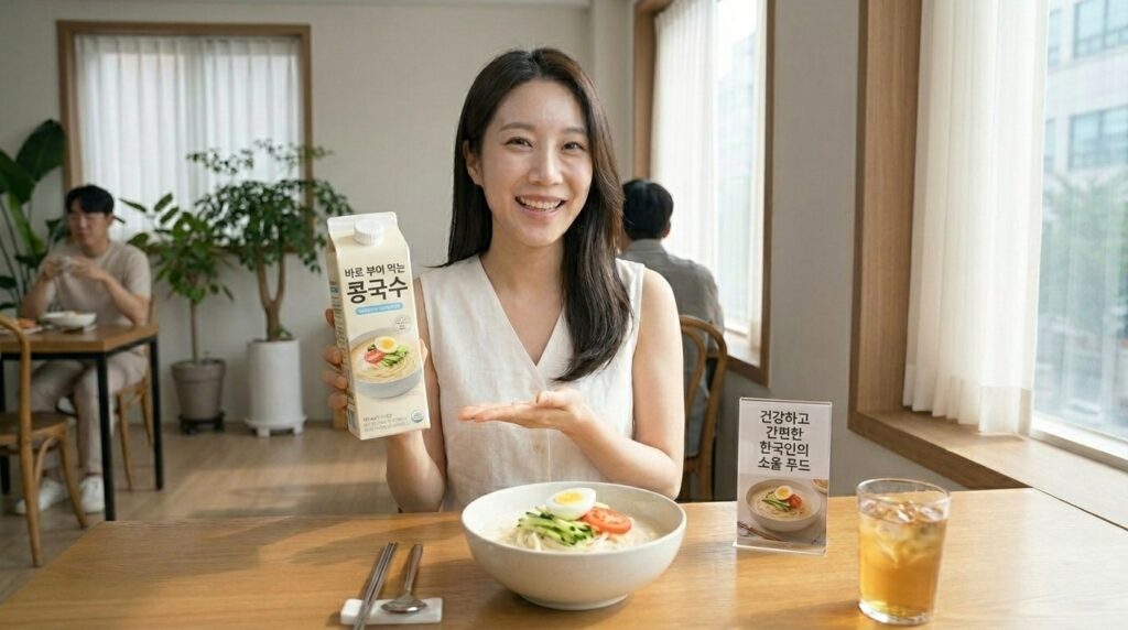 바쁜 일상에서 간편하게 요리할 수 있는 진하고 신선한 기성품 콩국물 제품을 소개하는 모습