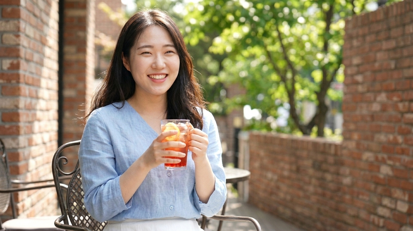 손에 턱을 괴고 편안하게 휴식을 취하고 있는 여성