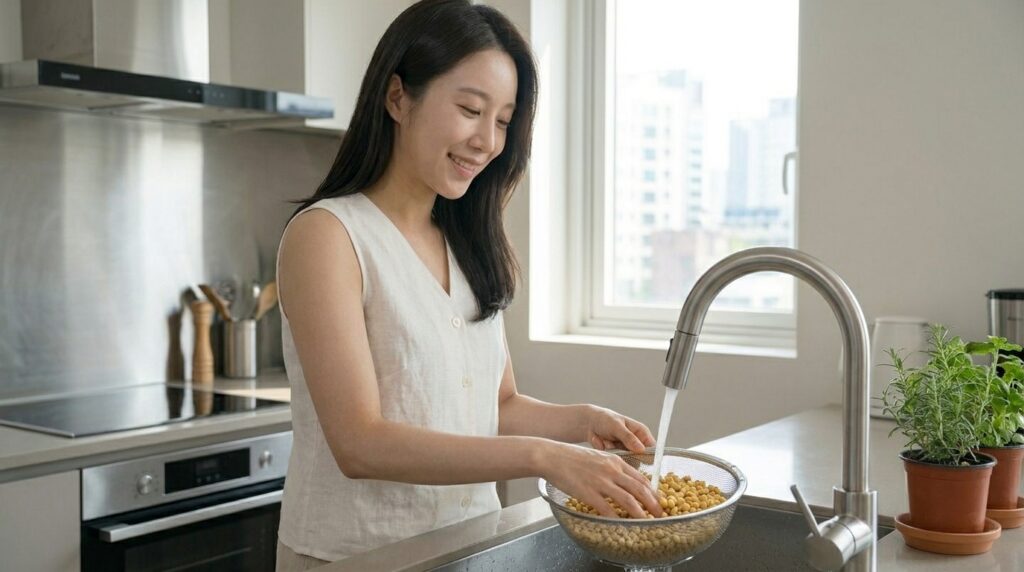 흐르는 찬물에 삶은 콩을 여러 번 헹구며 손으로 비벼 콩 껍질을 벗겨내는 과정