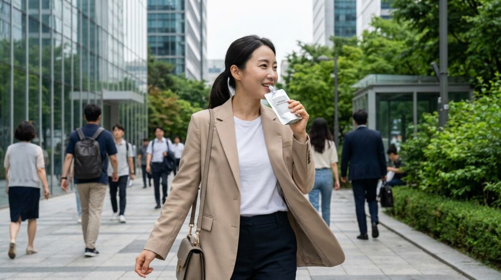기력 회복과 활력 증진을 위해 흡수율이 높은 액상 소청 초유 단백질을 간편하게 섭취하고 있는 여성의 모습