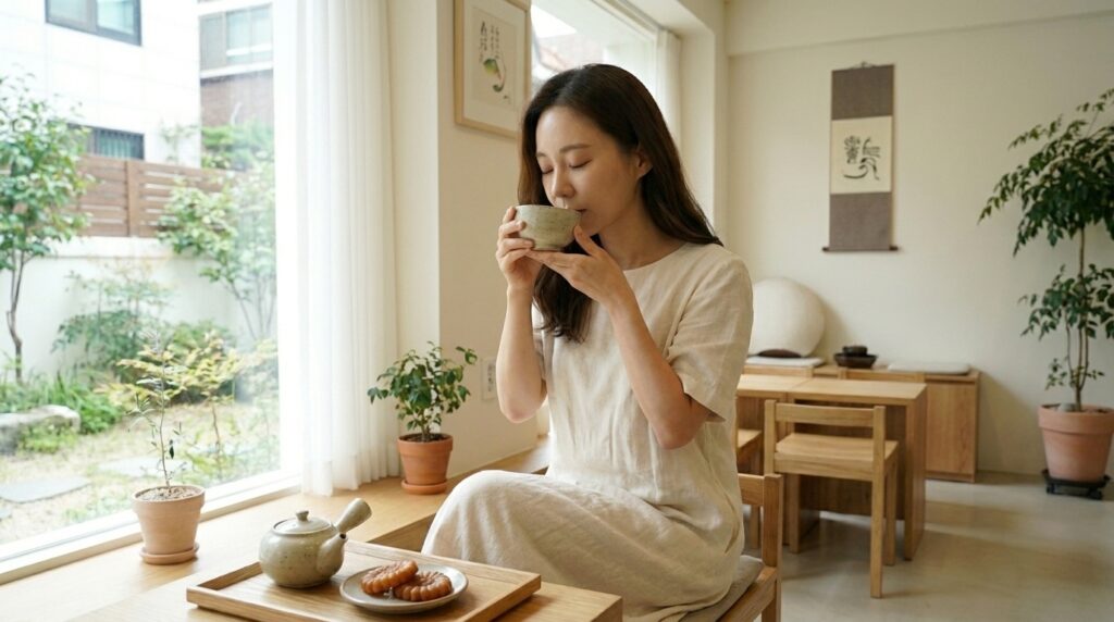 아늑한 인테리어 공간에서 혈당 관리에 도움을 주는 따뜻한 전통 차를 음미하며 마시는 여성의 모습