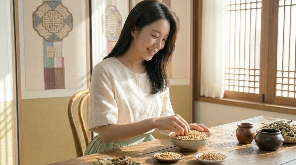 테이블 위에서 콩국수 재료로 사용할 신선한 백태(메주콩)를 손으로 정성스럽게 골라내고 있는 모습
