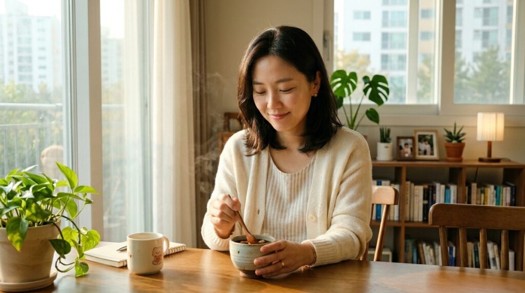 혈당 조절과 마음의 평화를 위해 따뜻한 전통 차를 찻잔에 따르고 스푼으로 젓고 있는 모습