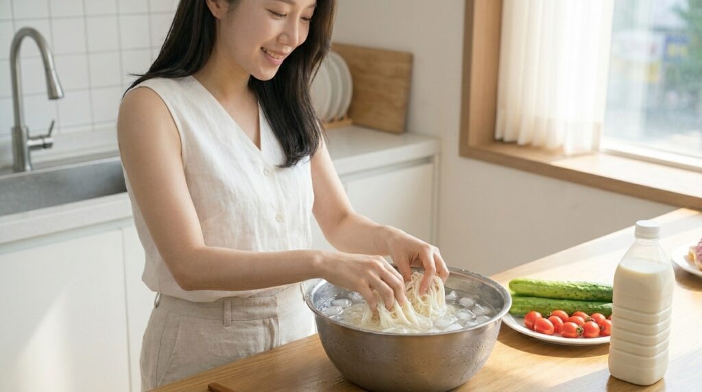 삶아낸 국수 면발을 얼음물이 담긴 볼에 넣고 전분기가 없어지도록 찬물에 박박 비벼 헹구는 모습