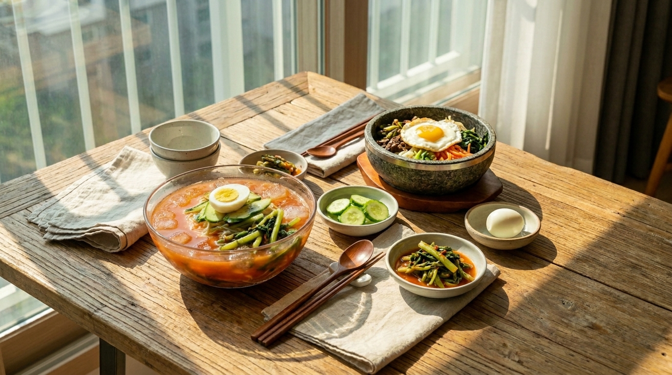 정갈한 대나무 소반 위에 시원한 열무국수와 매콤한 열무비빔밥, 다양한 밑반찬과 여름 수박이 함께 차려진 풍성한 전통 한국식 여름철 밥상 차림